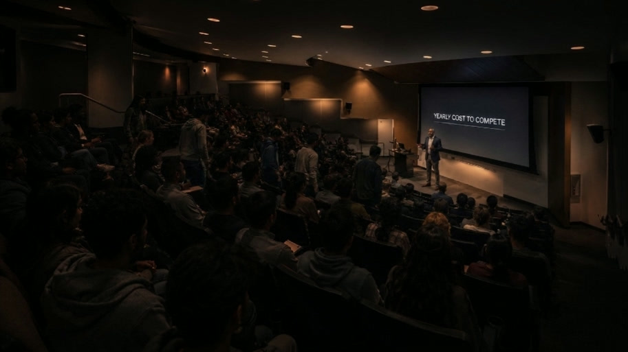 A darkened auditorium filled with silhouetted students
